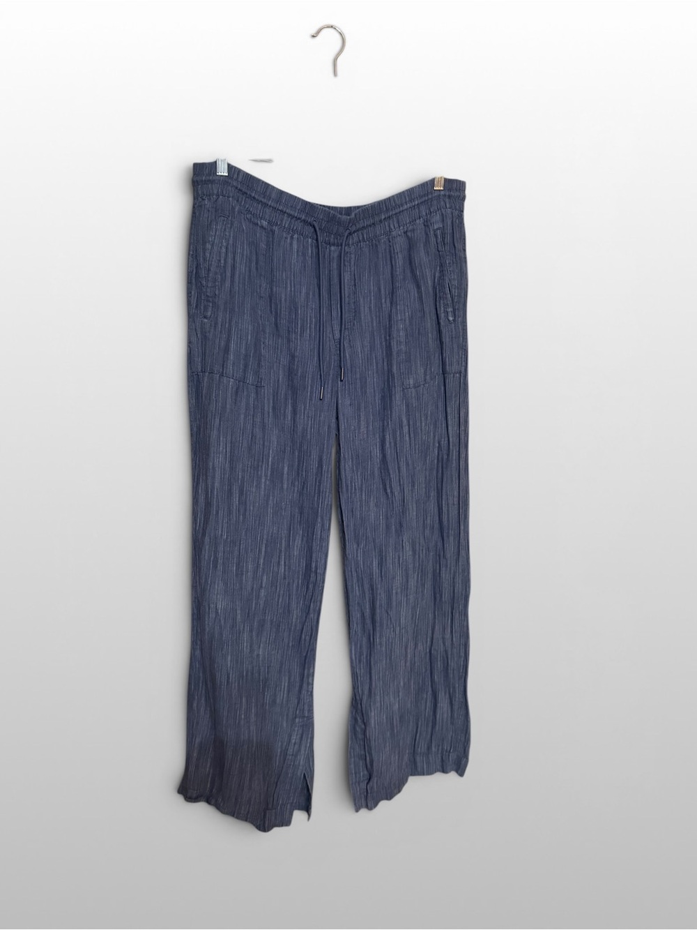 Athleta Wide Leg Linen Blend Pull On Beach Pants Blue XL Coastal Resort